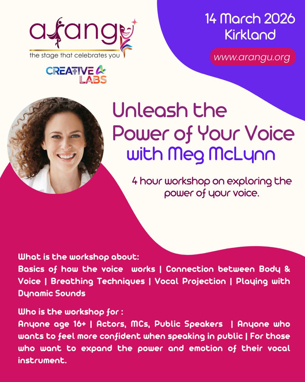 Flyer for the 'Unleash the Power of Your Voice' workshop.